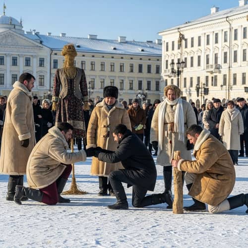 Forgiveness Scene on Snowy Square - Diverse People in Traditional Attire