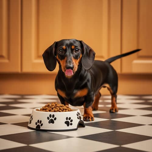 Hungry Dachshund Enjoying Feeding Time | Cozy Kitchen Setting