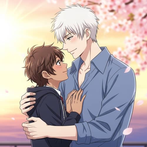 Romantic Anime Scene: Tall Handsome Man & Cute Dark-Skinned Partner