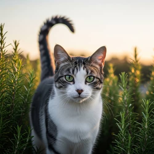 Medium-Sized Domestic Cat with Sleek Black, White, Grey Coat