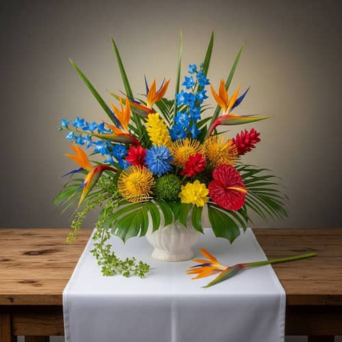 Vibrant Tropical Flowers in White Vase on Wooden Table