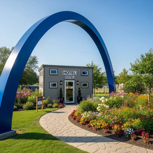 Vibrant Blue Arch Micro-Hotel Amidst Lush Foliage