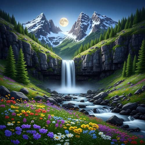 Lunar Waterfall in Majestic Mountain Range | Celestial Magic