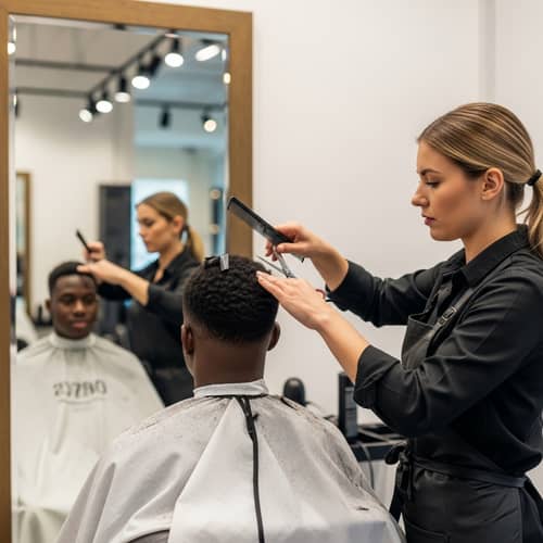 Professional Hair Stylist Crafting Perfect Look for Black Male Client