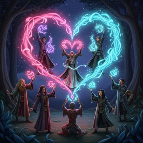 Diverse Mages Casting Love Spell in Mystical Forest