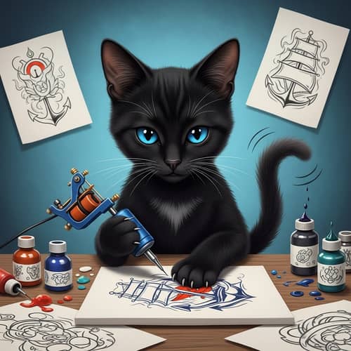 Adorable Cat Tattoo Artist Creating Nautical Masterpiece