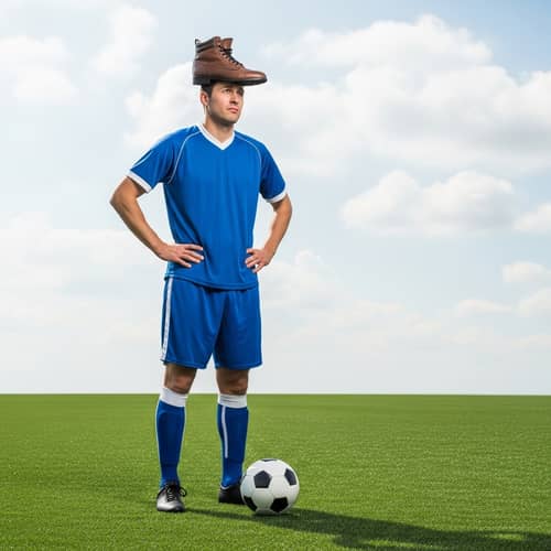 Unique Soccer Player with Brown Boot Hat on Grassy Field