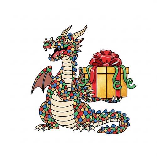 Whimsical Christmas Dragon Illustration with Colorful Scales
