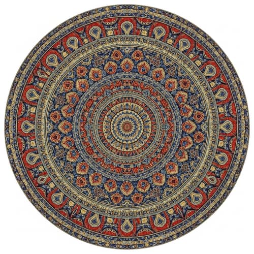 Intricate Kaleidoscopic Circle Design in Blue, Red & Gold