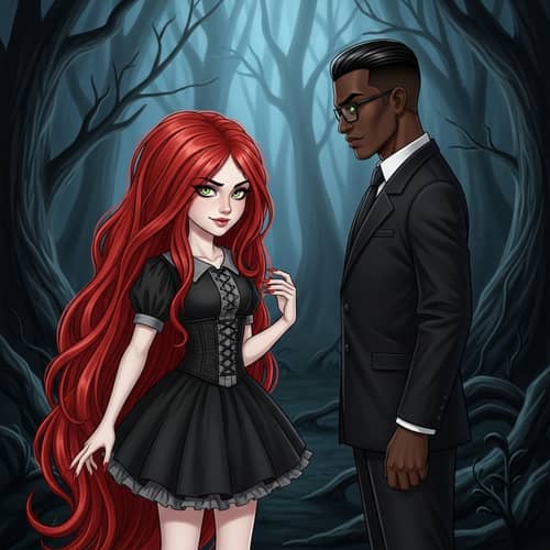 Contrasting Characters in Ambiguous Night Forest - Red-Haired Girl and Green-Eyed Man