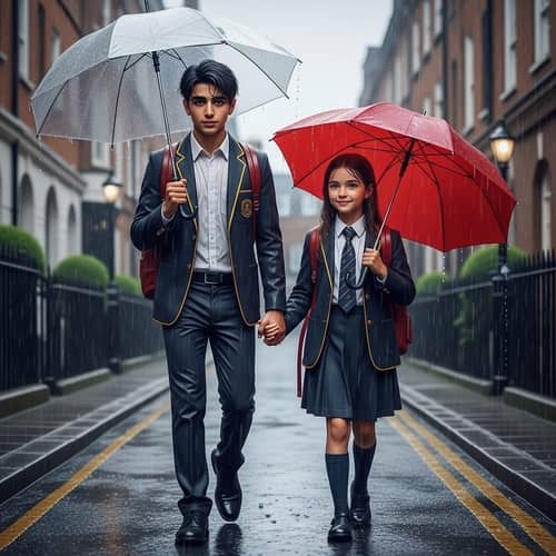 Striking Middle-Eastern Boy and Caucasian Girl in Soaked School Uniforms