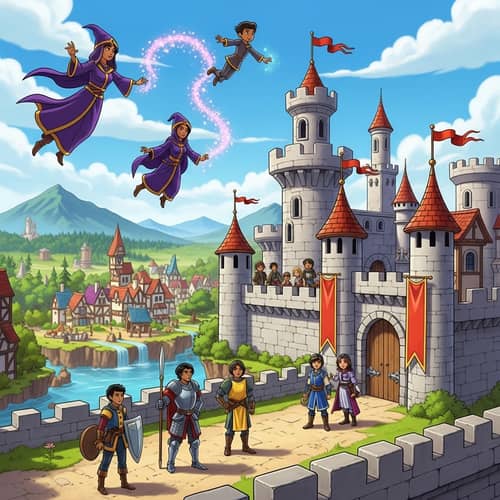 Fantastical Cartoon Castle Scene with Diverse Characters