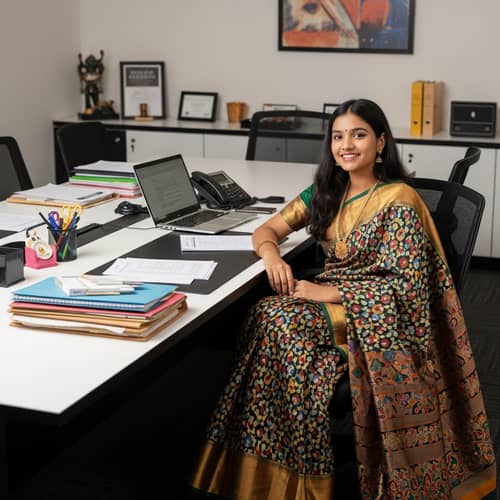 South Asian Girl in Vibrant Saree at Modern Office | Female Empowerment