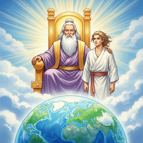 Mature Asian Man on Golden Throne and Kind-Hearted Mixed-Race Man Admiring Earth