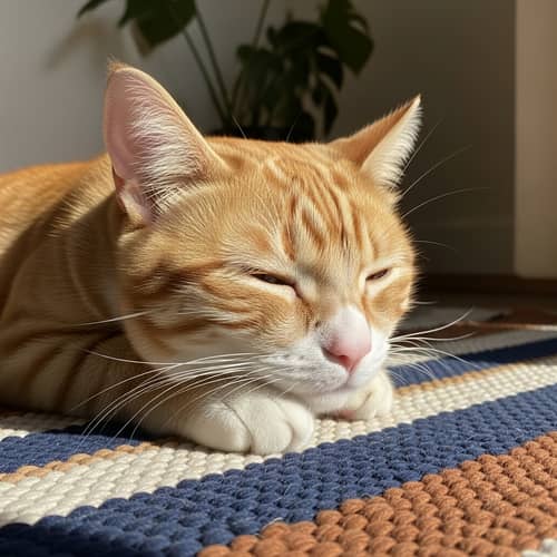Ginger Domestic Cat Lounging Lazily on Vintage Woven Rug