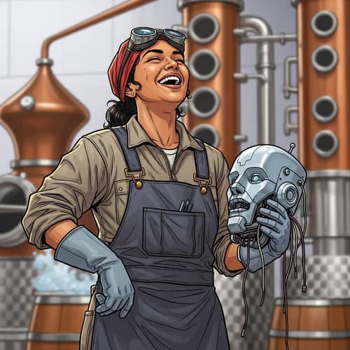 Joyful South Asian Distiller Woman with Dismantled Robot Head - Comic Style