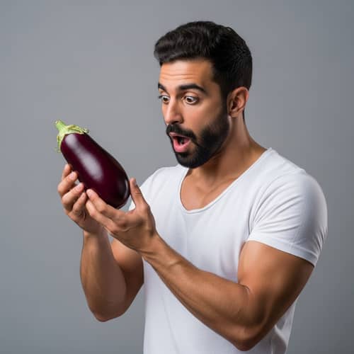 Middle-Eastern Man Marveling at Vibrant Purple Eggplant