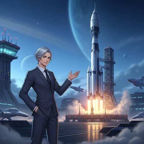 Silver-Haired Entrepreneur by Rocket Ship | Technology & Space Exploration