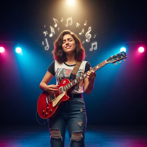 Passionate Hispanic Female Guitarist on Brightly Lit Stage