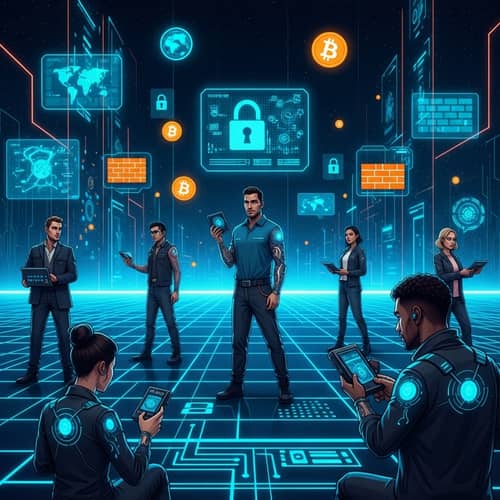 Futuristic Cybersecurity Scene with Diverse Characters