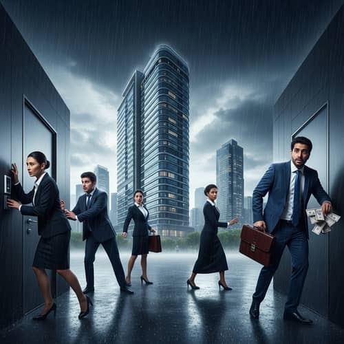 Intense Rain-Soaked Cityscape with High-Tech Apartment Building