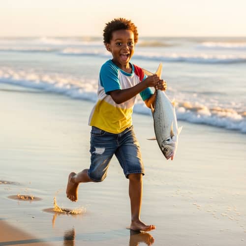 Young Black Child Joyfully Sprinting with Freshly Caught Fish