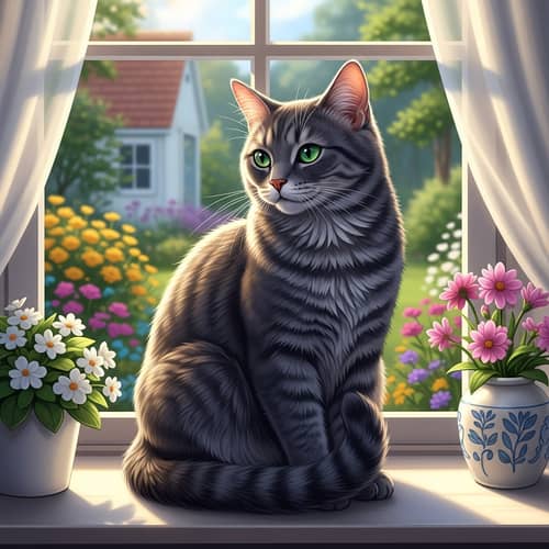Beautiful Gray Cat with Emerald-Green Eyes | Charming Garden View