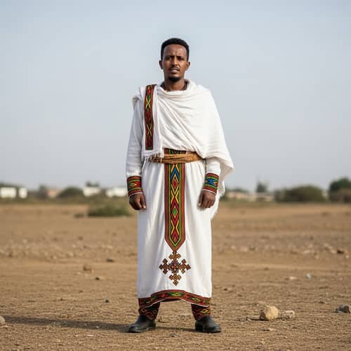 Traditional Ethiopian Attire: Stern Man in Colorful Robe