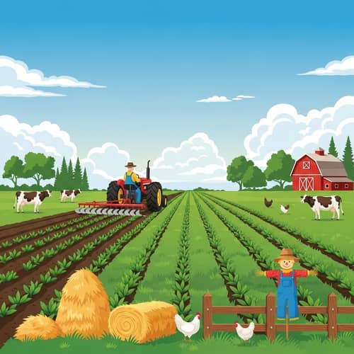 Realistic Agriculture Scene with Crops, Tractor & Farm Animals