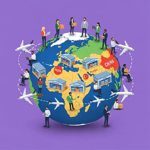 Global Logistics Artwork with Diverse Workforce | Purple Globe Scene