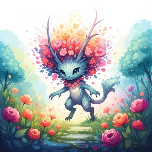 Mystical Creature Emerging from Vibrant Floral Garden