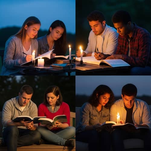 Diverse Students Studying in Dimly Lit Environments