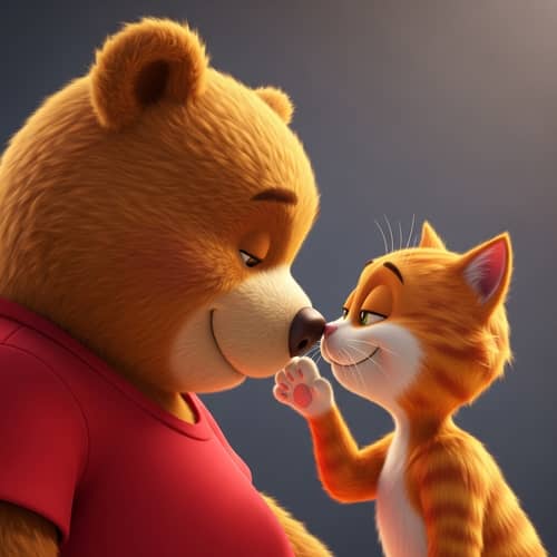 Charming Bear and Cat Love Kiss - 3D Digital Painting