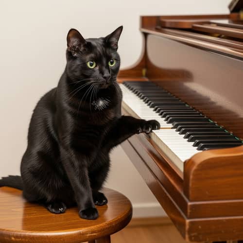 Black Domestic Short-Haired Cat Next to Mahogany Grand Piano
