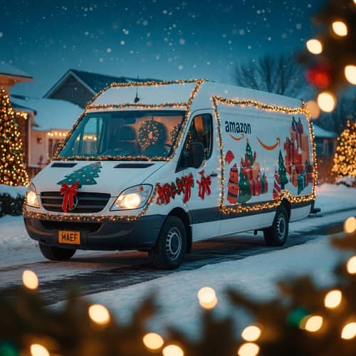 Magical Holiday Amazon Delivery Van with Vibrant Christmas Decor