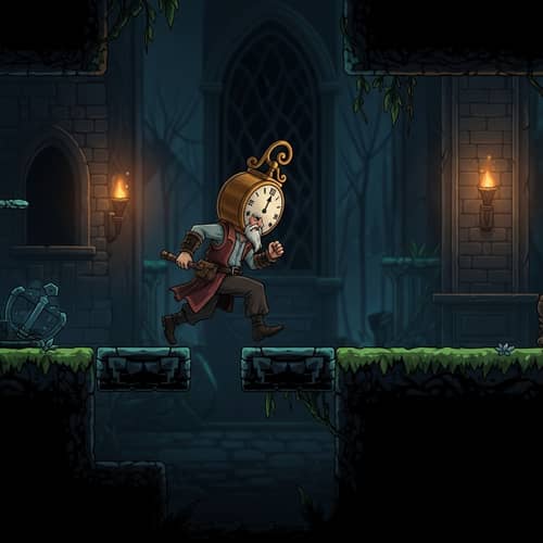 2D Mystical Medieval Platformer Game with Clock Head Character