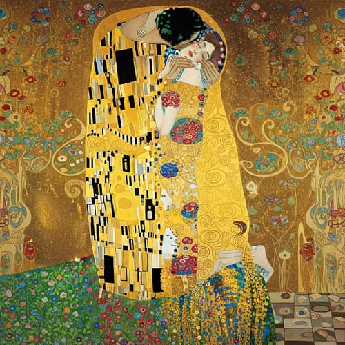 Romantic Scene Inspired by Gustav Klimt's 'The Kiss'