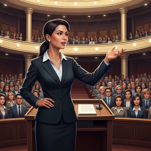 Hispanic Businesswoman Delivering Persuasive Speech to Large Audience