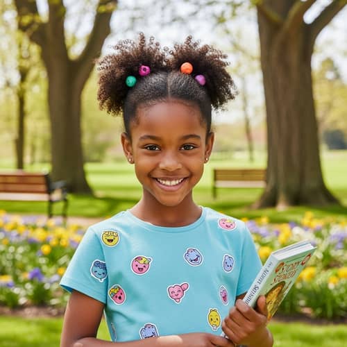 Joyful 9-Year-Old Black Girl Portrait | Playful Ponytail & Storybook