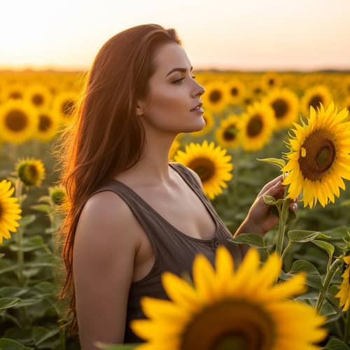 Golden Hour Beauty: Curvaceous Woman in Sunflower Field