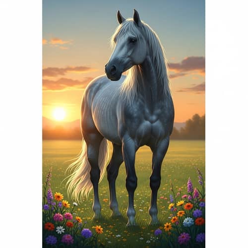 Majestic Horse in Tranquil Meadow at Sunset