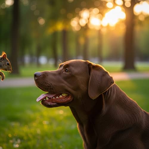 Playful Labrador Retriever Watching Squirrel at Sunset