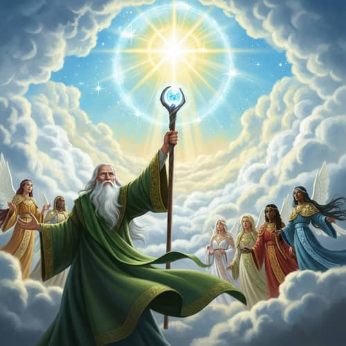 Celestial Wizard Summoning Heavenly Beings with Divine Spell