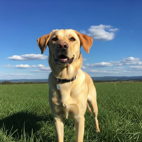 Vibrant Yellow Dog Standing in Sunny Field