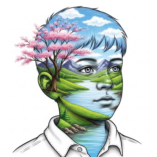 Intriguing Drawing of Young Boy with Nature Landscape Face