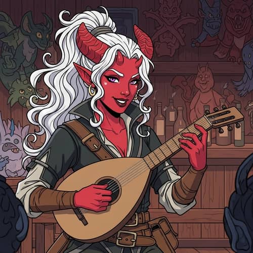Hispanic Tiefling Musician in Rogue Attire Playing Lute