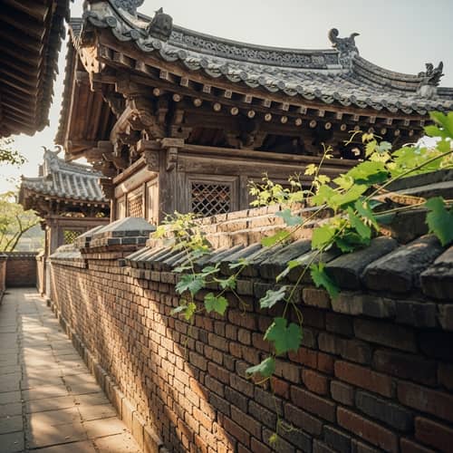 Aged Brick Wall with Vine and Traditional Wooden Roof