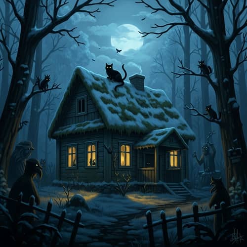 Eerie Old House in Winter Forest with Mythical Entities