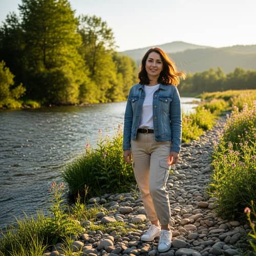 Serene Woman in Natural Setting - Casual Attire & Warm Smile