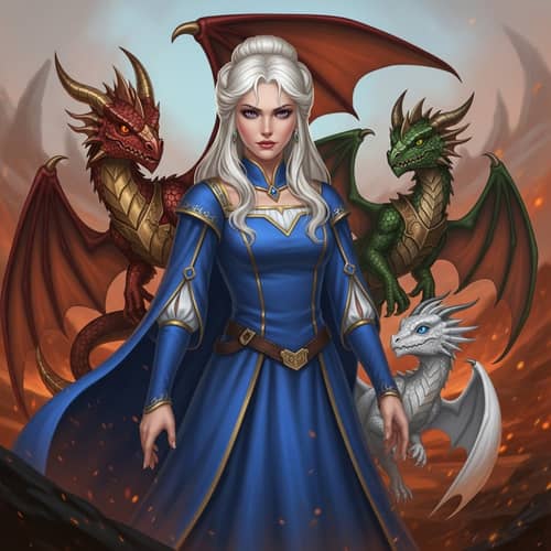Heroic Fantasy Character with Dragons in Regal Blue Gown